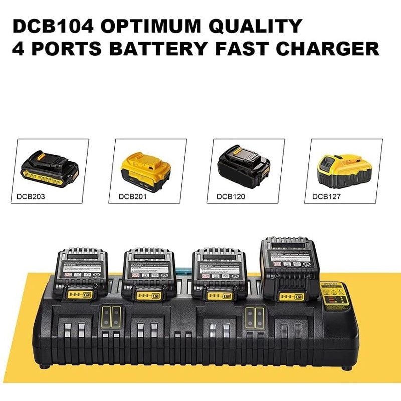 JMT-468234 Four-Port Fast Charger for DCB104 Electric Tool Batteries, 100V-240V Input, 14.4V-18V Output, 12A Total Capacity, Built-In Safety Features
