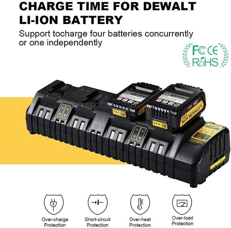 JMT-468234 Four-Port Fast Charger for DCB104 Electric Tool Batteries, 100V-240V Input, 14.4V-18V Output, 12A Total Capacity, Built-In Safety Features