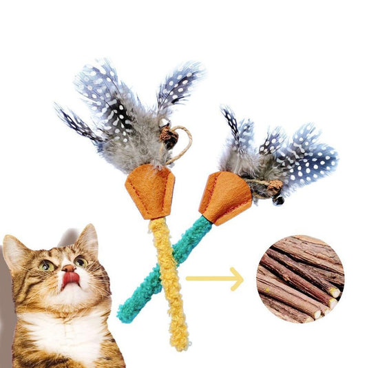 JMT-471498 Natural Polygonum Wood Molar Stick for Cats - Interactive Feather Toy