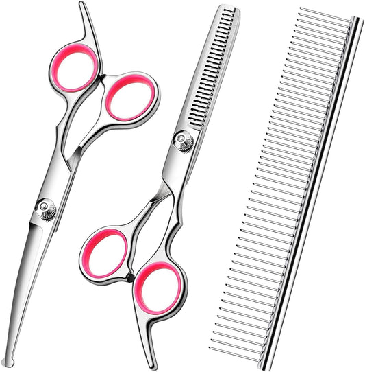 JMT-472586 Professional Dog Grooming Scissors Set with Safety Round Tips, Stainless Steel Thinning and Curved Scissors, Pet Comb Included