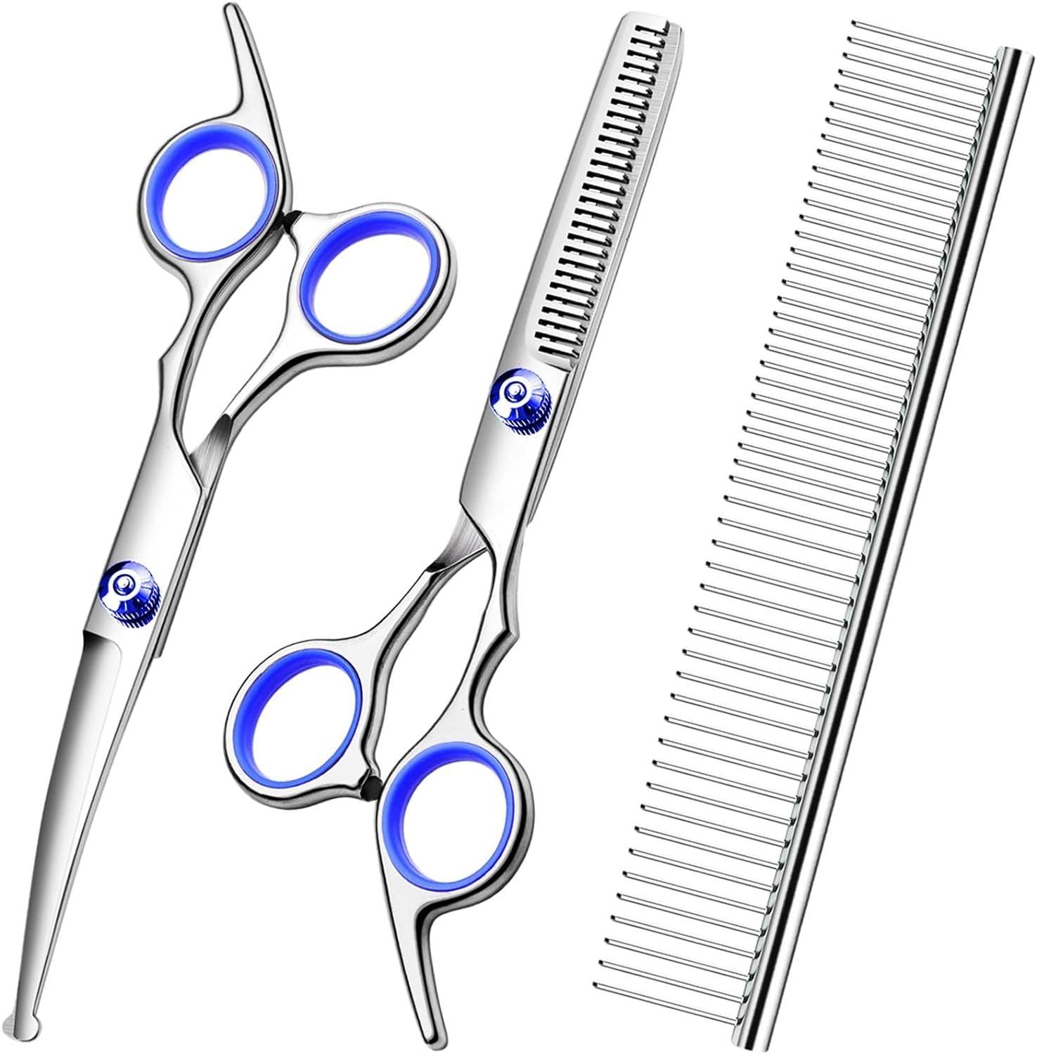 JMT-472586 Professional Dog Grooming Scissors Set with Safety Round Tips, Stainless Steel Thinning and Curved Scissors, Pet Comb Included
