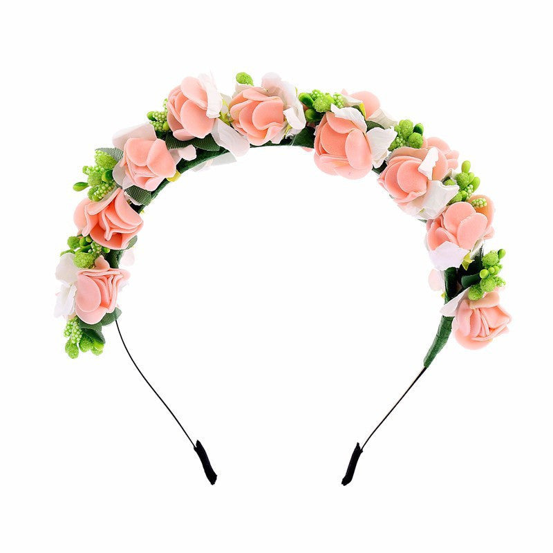 JMT-473034 Double Strawberry Floral Crown Wreath for Women, Handmade Foam Hair Tie in White and Pink
