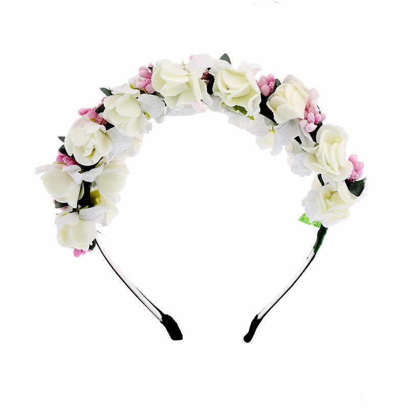 JMT-473034 Double Strawberry Floral Crown Wreath for Women, Handmade Foam Hair Tie in White and Pink
