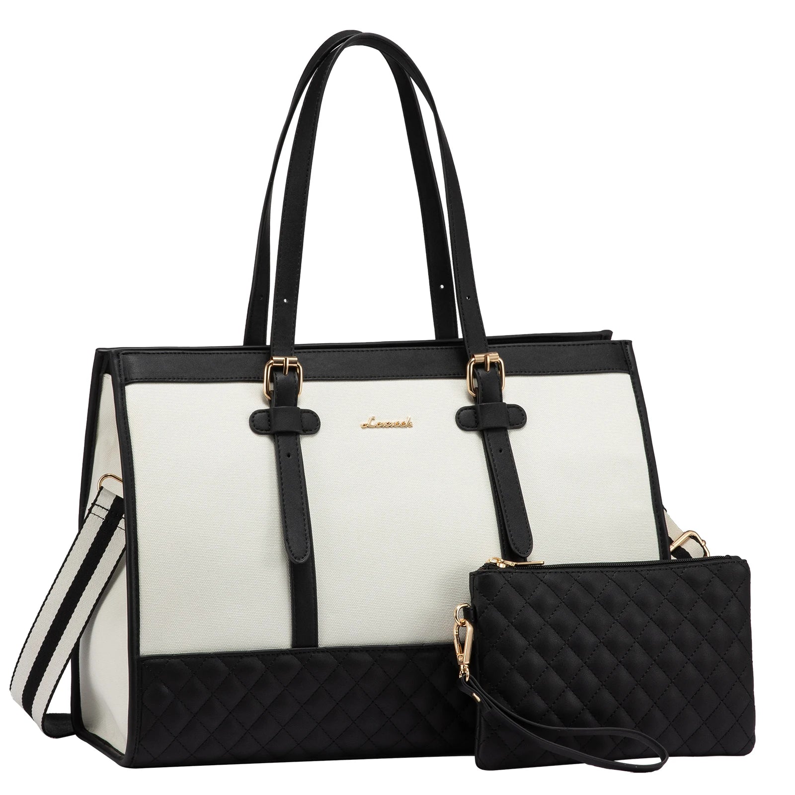 JMT-474378 Fashionable Canvas and PU Leather Laptop Tote for Women - Large Capacity Business Handbag, Fits 15.6 Inch Laptops