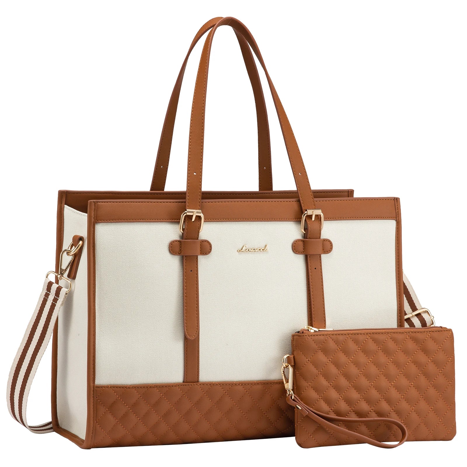 JMT-474378 Fashionable Canvas and PU Leather Laptop Tote for Women - Large Capacity Business Handbag, Fits 15.6 Inch Laptops