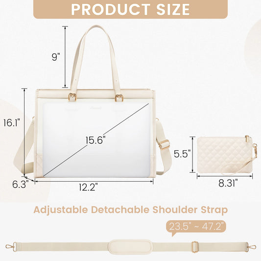 JMT-474378 Fashionable Canvas and PU Leather Laptop Tote for Women - Large Capacity Business Handbag, Fits 15.6 Inch Laptops
