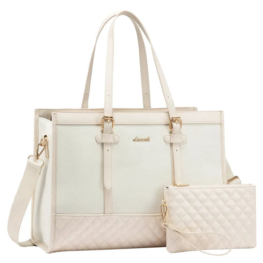 JMT-474378 Fashionable Canvas and PU Leather Laptop Tote for Women - Large Capacity Business Handbag, Fits 15.6 Inch Laptops