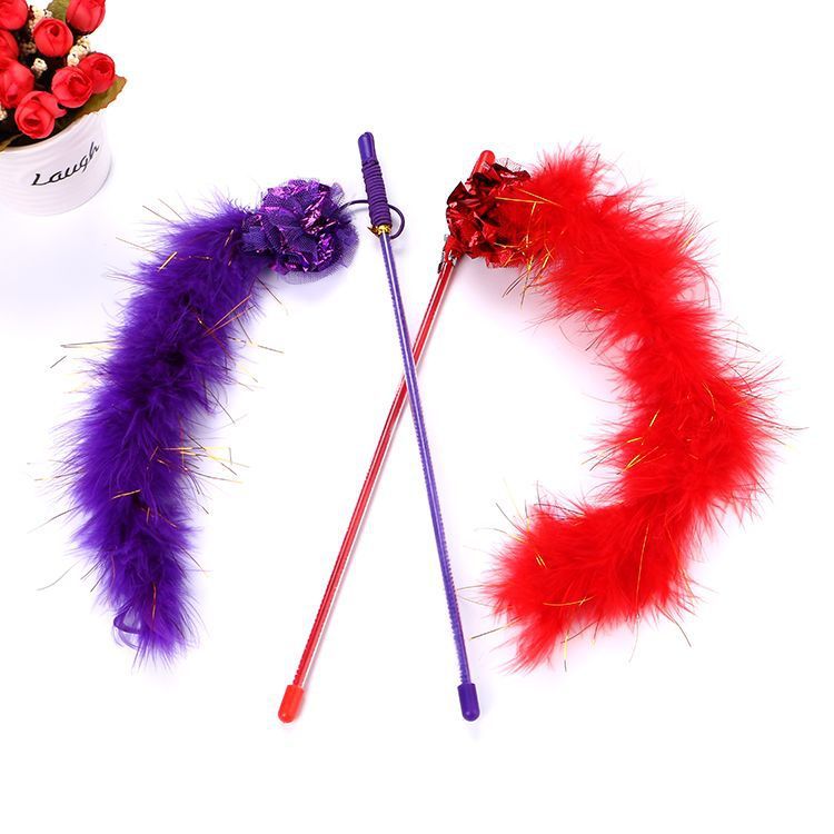 JMT-476938 Cat Teasing Stick with Plush Ringing Paper Ball - 30cm Long, Red & Purple Colors