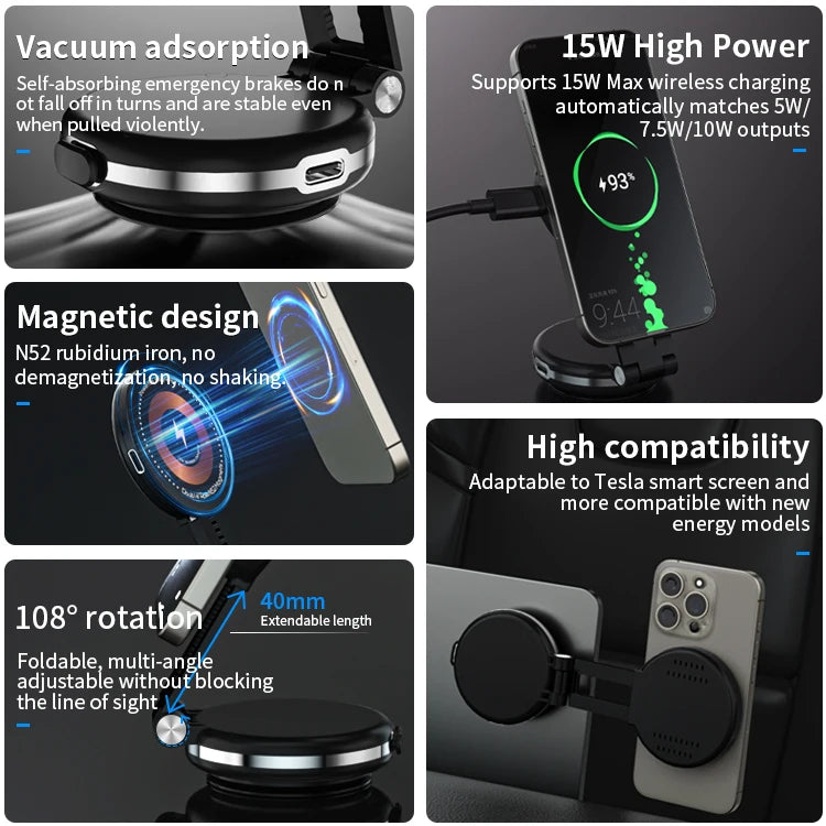 JMT-477770 360-Degree Rotating Wireless Charger and Magnetic Car Phone Holder with Suction Cup Mount