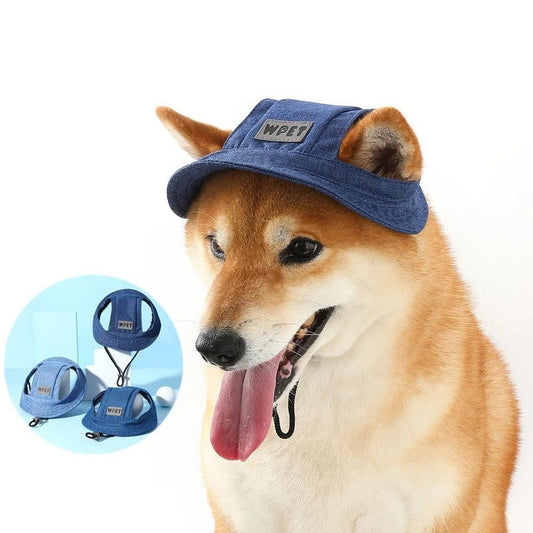 JMT-478922 Denim Sun Cap with Ear Holes for Medium and Small Dogs – Adjustable Canvas Visor for Outdoor Protection