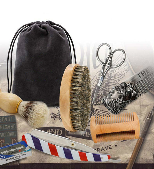 JMT-479498 Men's Complete Beard Care Shaving Kit with Brush, Comb, Scissors, and Straight Razor
