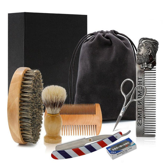 JMT-479498 Men's Complete Beard Care Shaving Kit with Brush, Comb, Scissors, and Straight Razor