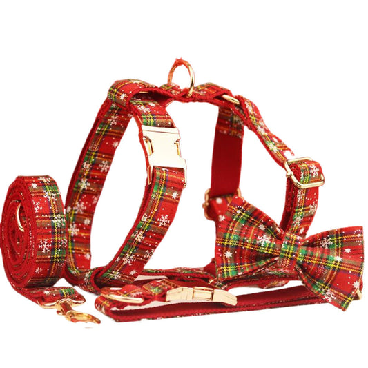 JMT-480586 Red Snowflake Christmas Dog Collar and Leash Set with Bowknot and Floral Accents - Festive Pet Gear for Holidays