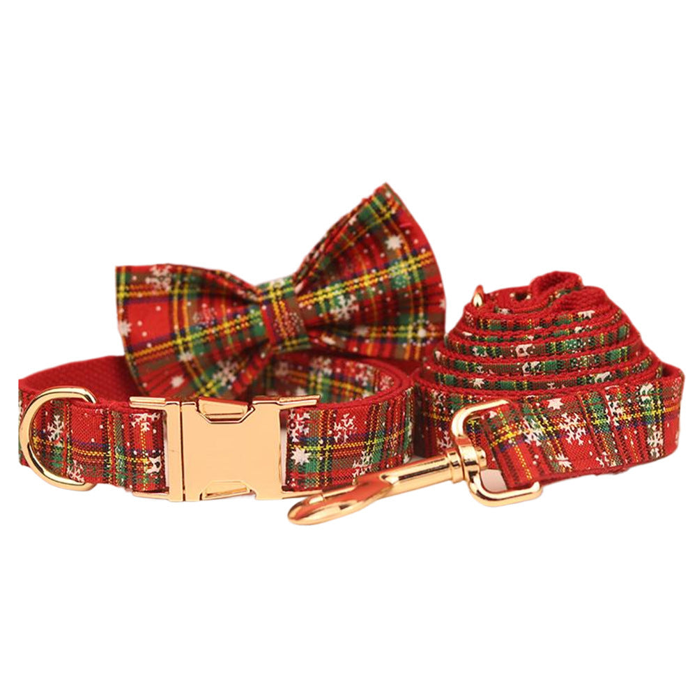 JMT-480586 Red Snowflake Christmas Dog Collar and Leash Set with Bowknot and Floral Accents - Festive Pet Gear for Holidays