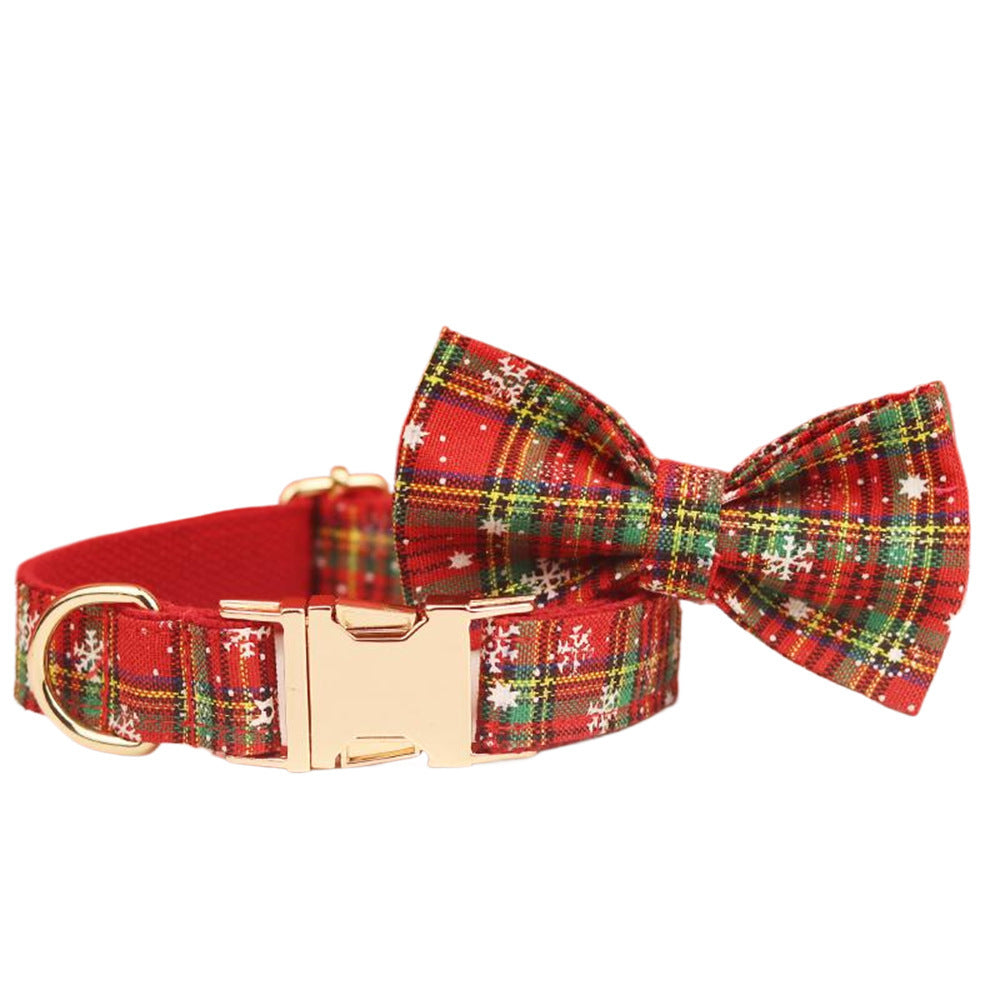 JMT-480586 Red Snowflake Christmas Dog Collar and Leash Set with Bowknot and Floral Accents - Festive Pet Gear for Holidays
