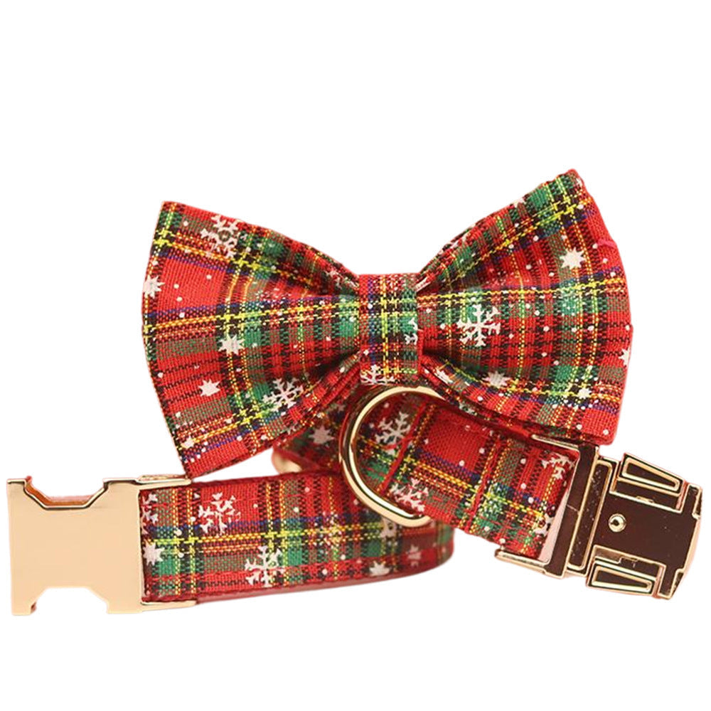 JMT-480586 Red Snowflake Christmas Dog Collar and Leash Set with Bowknot and Floral Accents - Festive Pet Gear for Holidays