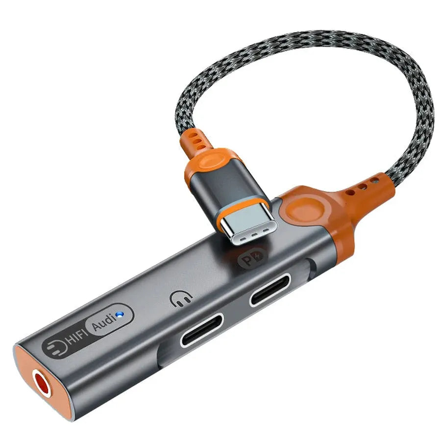 JMT-480906 3-in-1 Type-C Audio Adapter with Charger for Earphones, Compatible with Samsung and Huawei Devices
