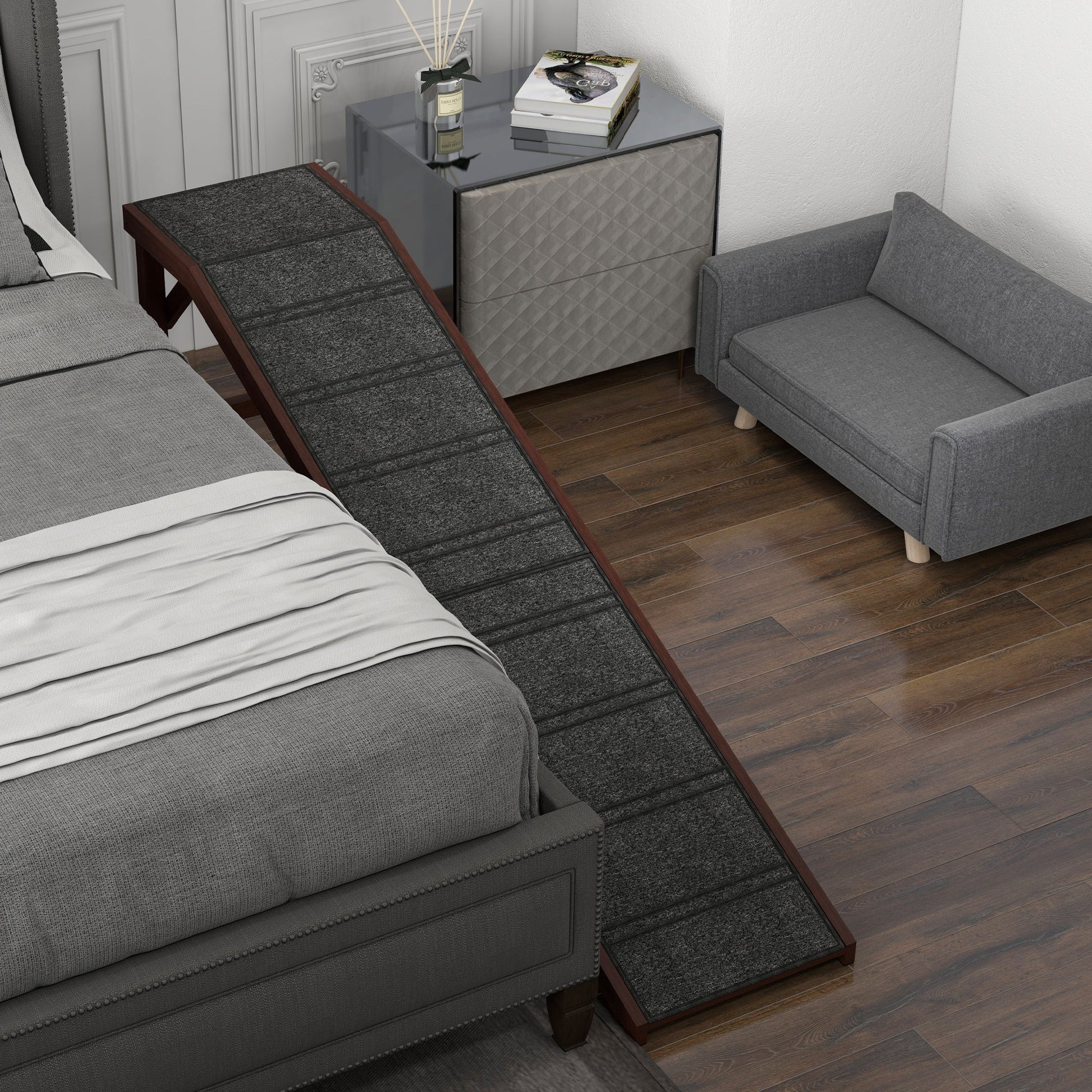 JMT-481418 Wooden Pet Ramp with Non-Slip Carpet and Easy Access Platform for Dogs and Cats, 74" x 16" x 25"