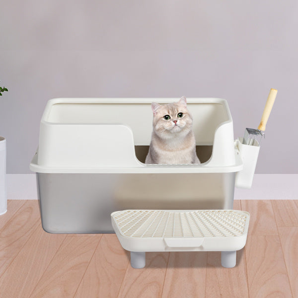 JMT-483722 Stainless Steel Cat Litter Box with Plastic Enclosure and Anti-Tracking Footboard