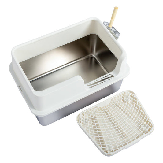 JMT-483722 Stainless Steel Cat Litter Box with Plastic Enclosure and Anti-Tracking Footboard