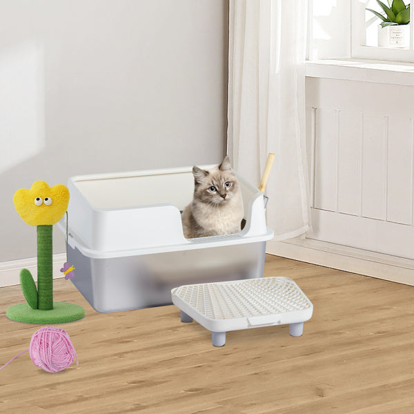 JMT-483722 Stainless Steel Cat Litter Box with Plastic Enclosure and Anti-Tracking Footboard