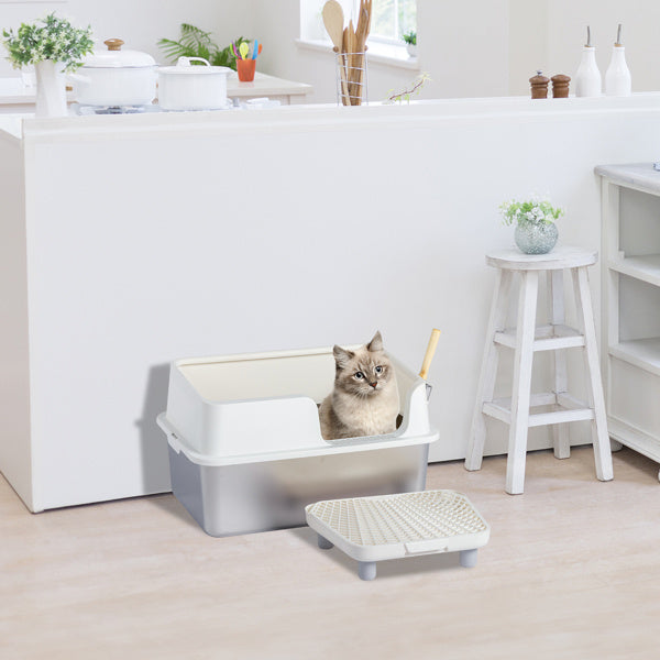 JMT-483722 Stainless Steel Cat Litter Box with Plastic Enclosure and Anti-Tracking Footboard