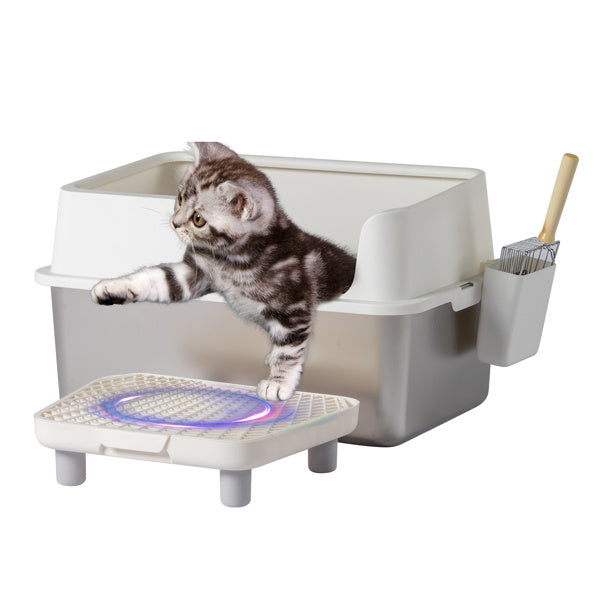 JMT-483722 Stainless Steel Cat Litter Box with Plastic Enclosure and Anti-Tracking Footboard