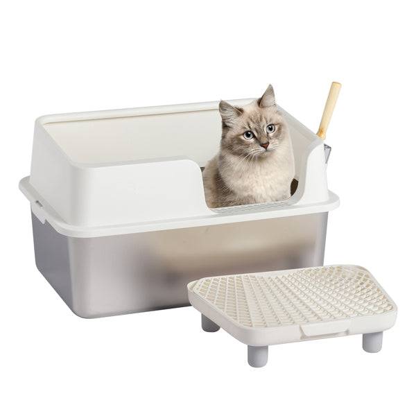 JMT-483722 Stainless Steel Cat Litter Box with Plastic Enclosure and Anti-Tracking Footboard