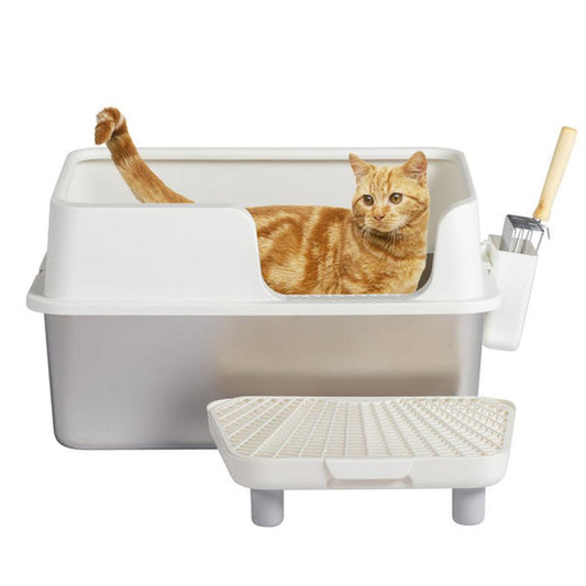 JMT-483722 Stainless Steel Cat Litter Box with Plastic Enclosure and Anti-Tracking Footboard