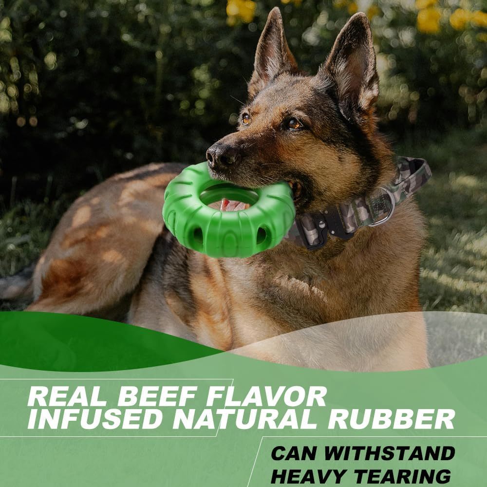 JMT-484682 Durable Natural Rubber Dog Chew Toy with Beef Flavor, Interactive Food Dispensing Tire Shape for Medium to Large Dogs