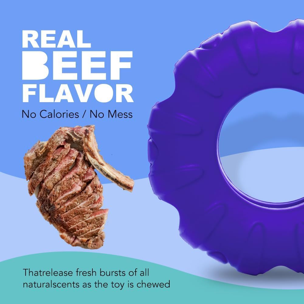 JMT-484682 Durable Natural Rubber Dog Chew Toy with Beef Flavor, Interactive Food Dispensing Tire Shape for Medium to Large Dogs
