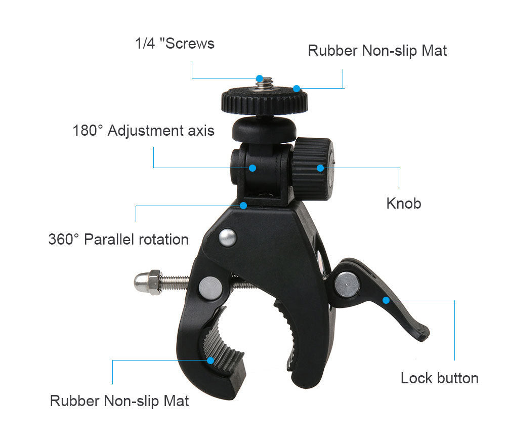 JMT-485386 Adjustable Bicycle Clip Stand for SLR Cameras and Digital Devices, 17-35MM Rod Compatibility, Angle Versatile Shooting, Max Load 2.5KG