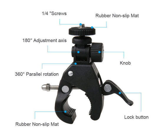JMT-485386 Adjustable Bicycle Clip Stand for SLR Cameras and Digital Devices, 17-35MM Rod Compatibility, Angle Versatile Shooting, Max Load 2.5KG