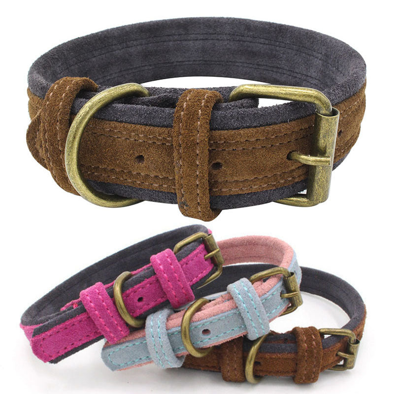 JMT-486666 Double Contrast Color Nubuck Leather Pet Collar with Brass Fittings