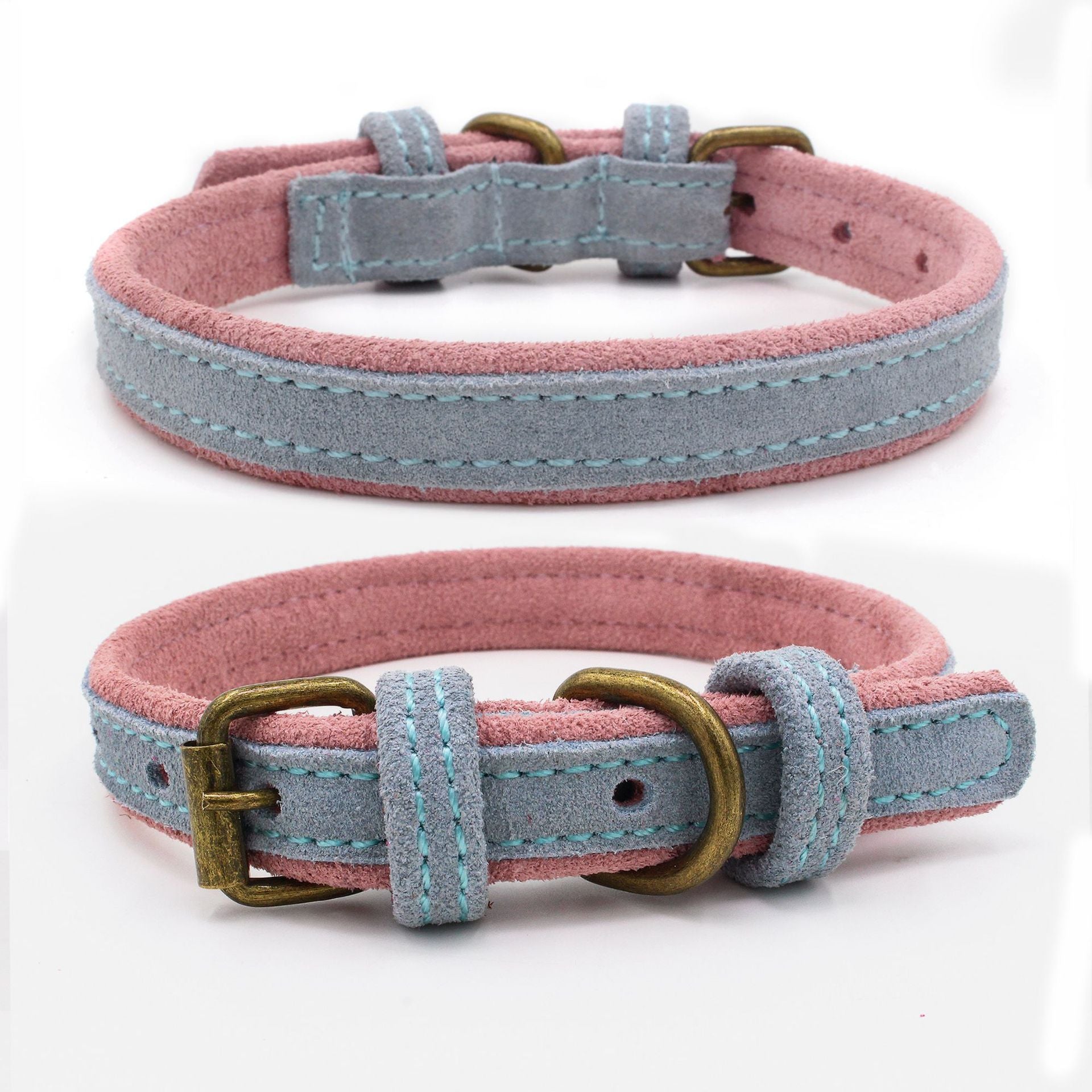 JMT-486666 Double Contrast Color Nubuck Leather Pet Collar with Brass Fittings