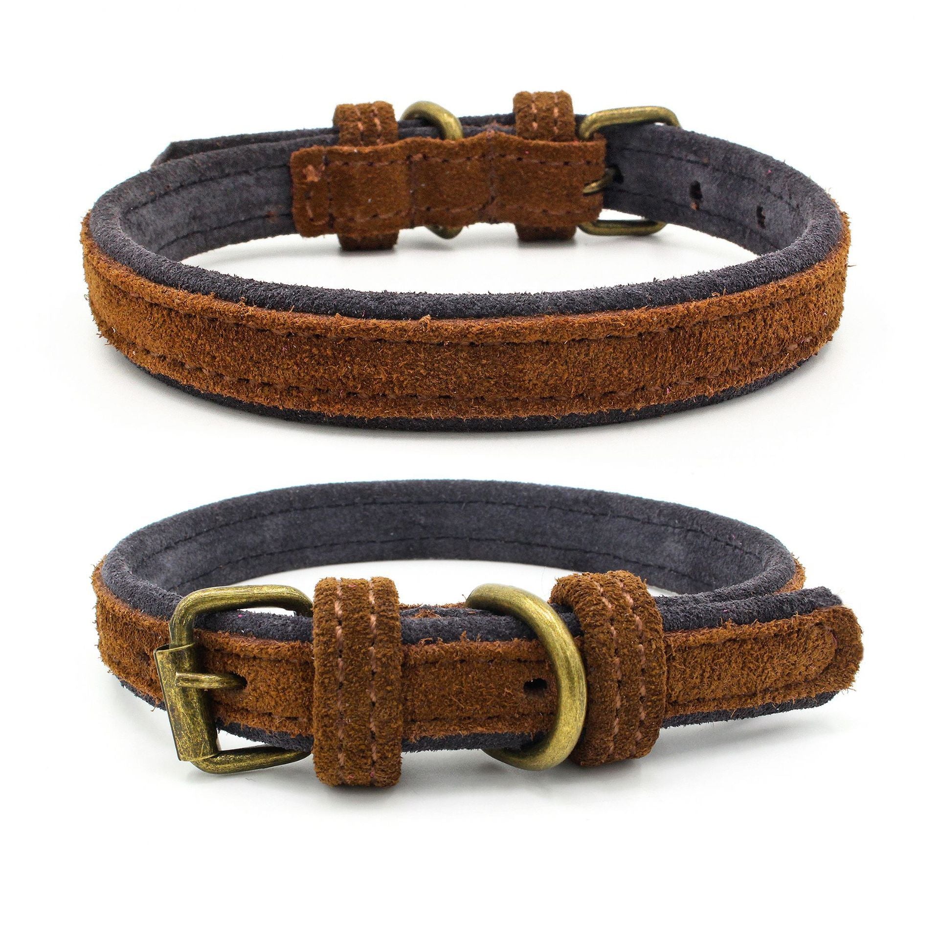 JMT-486666 Double Contrast Color Nubuck Leather Pet Collar with Brass Fittings
