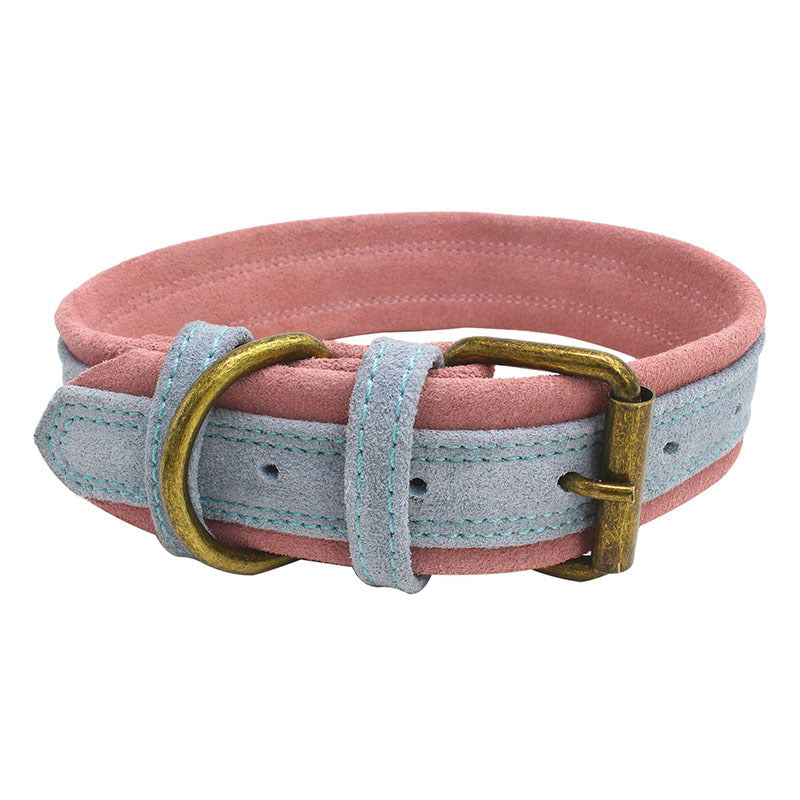 JMT-486666 Double Contrast Color Nubuck Leather Pet Collar with Brass Fittings