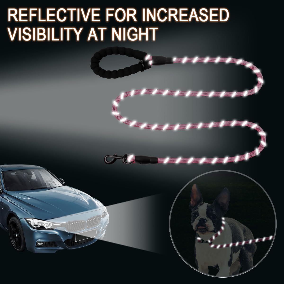 JMT-486986 Heavy-Duty 5 FT Dog Leash with Padded Handle and Reflective Strips for Large Dogs