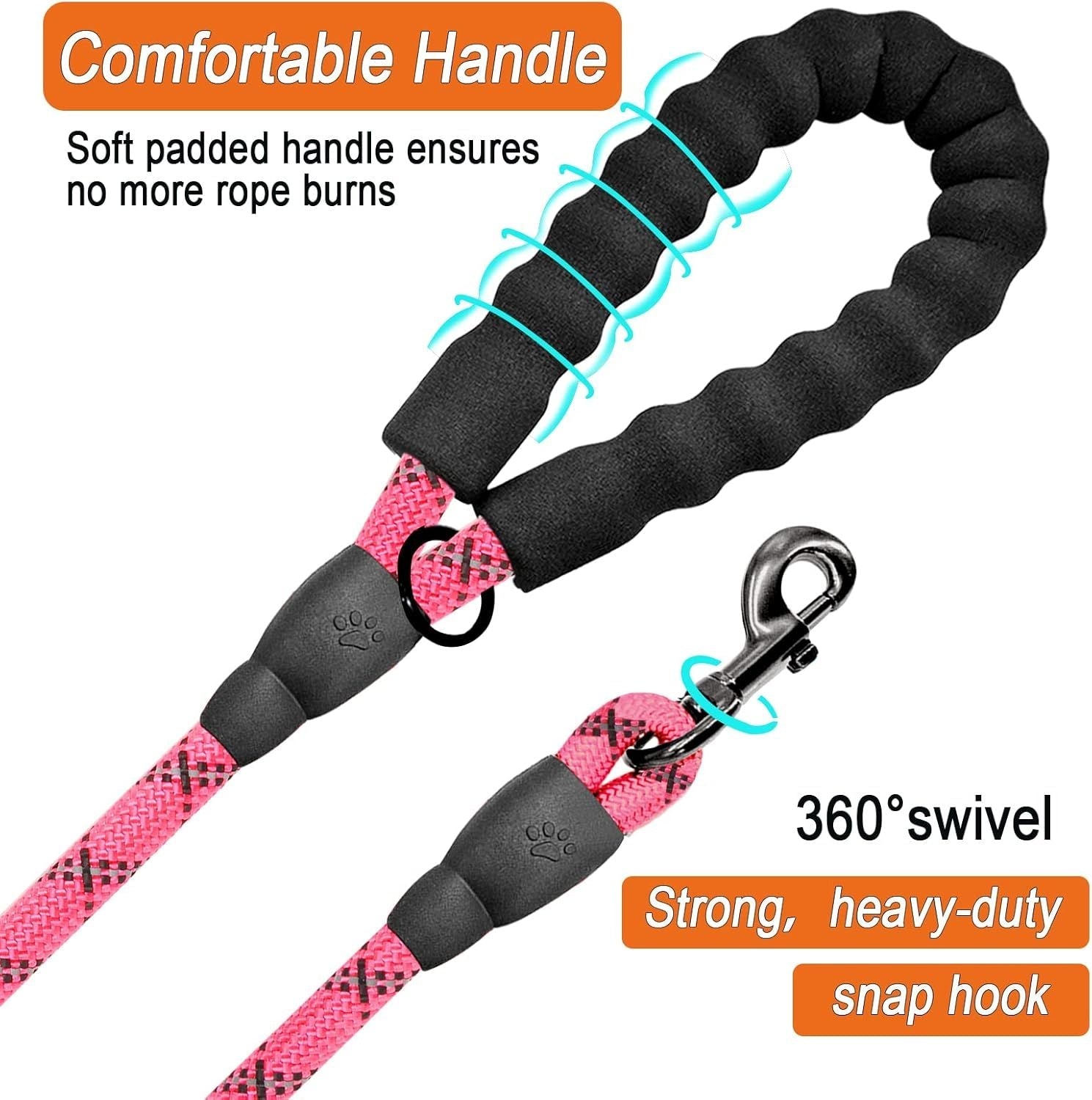 JMT-486986 Heavy-Duty 5 FT Dog Leash with Padded Handle and Reflective Strips for Large Dogs