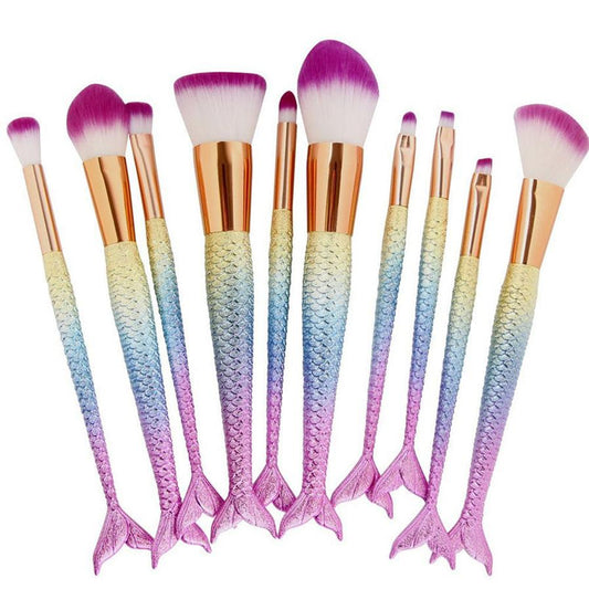 JMT-488586 Fishtail Makeup Brush Set – 10-Piece Portable Collection with PU Handles and Man-Made Fiber Brushes