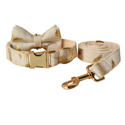 JMT-490122 Cream Velvet Dog Collar and Leash Set with Feather Print and Bow Tie, Available in Multiple Sizes