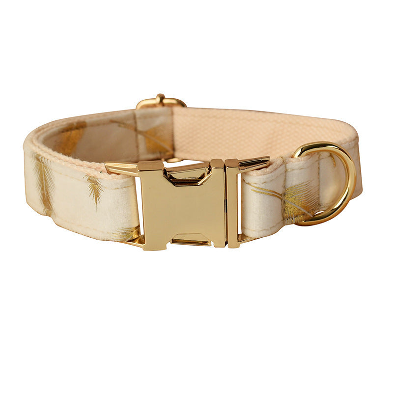 JMT-490122 Cream Velvet Dog Collar and Leash Set with Feather Print and Bow Tie, Available in Multiple Sizes