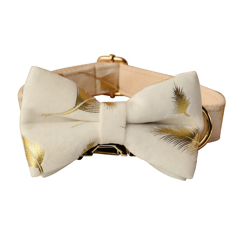 JMT-490122 Cream Velvet Dog Collar and Leash Set with Feather Print and Bow Tie, Available in Multiple Sizes