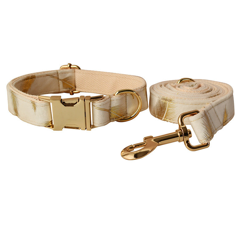 JMT-490122 Cream Velvet Dog Collar and Leash Set with Feather Print and Bow Tie, Available in Multiple Sizes
