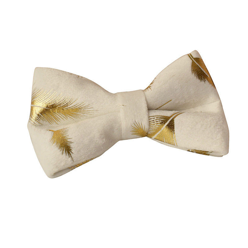 JMT-490122 Cream Velvet Dog Collar and Leash Set with Feather Print and Bow Tie, Available in Multiple Sizes
