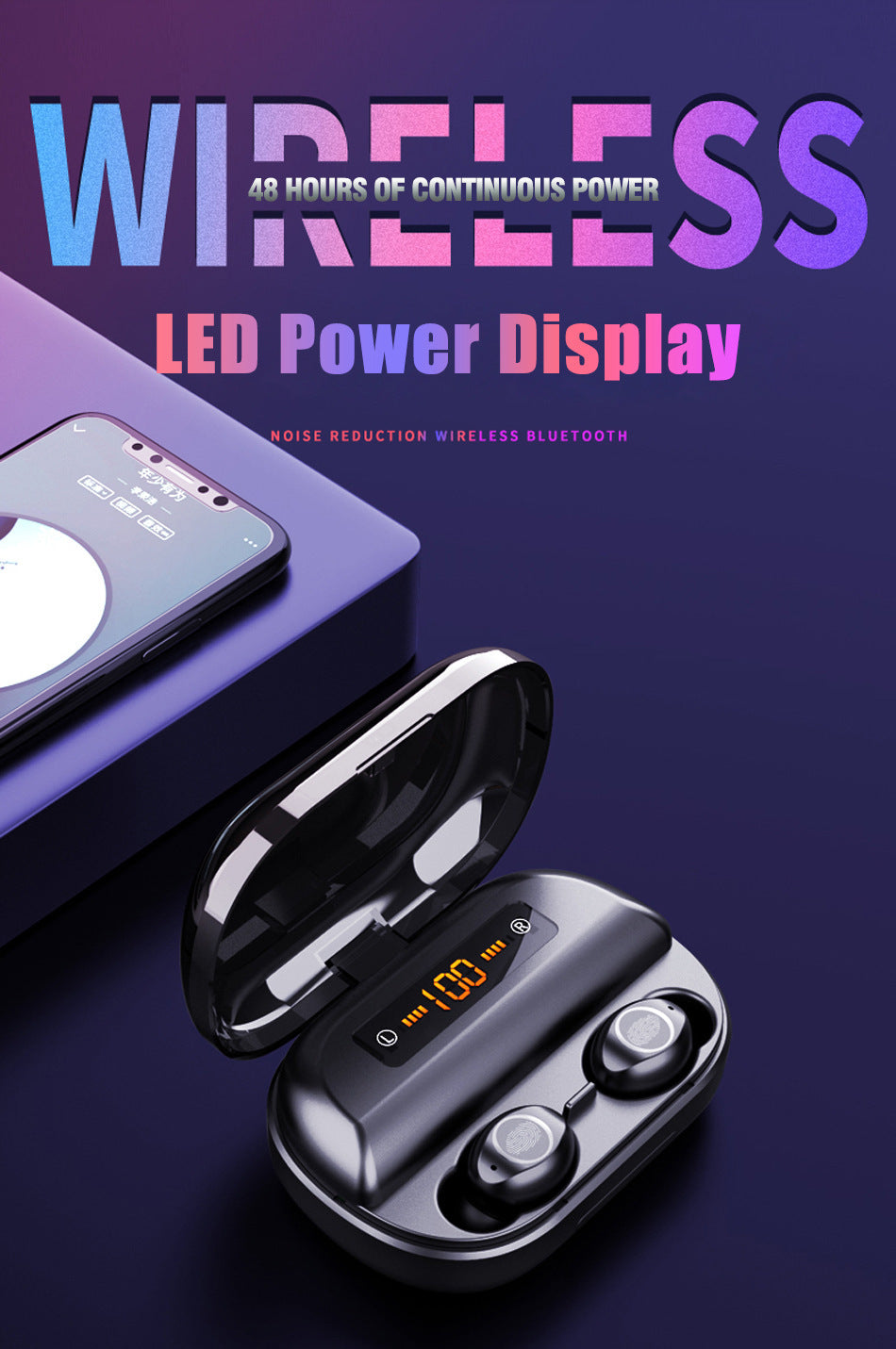 JMT-491274 Bluetooth Wireless Stereo Headset with Battery Display, Voice Control, and Call Function in Black