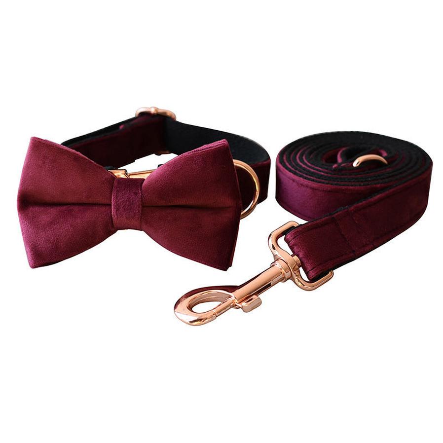 JMT-492426 Velvet Dog Collar with Double Microfiber Bowknot and Matching Leash Set