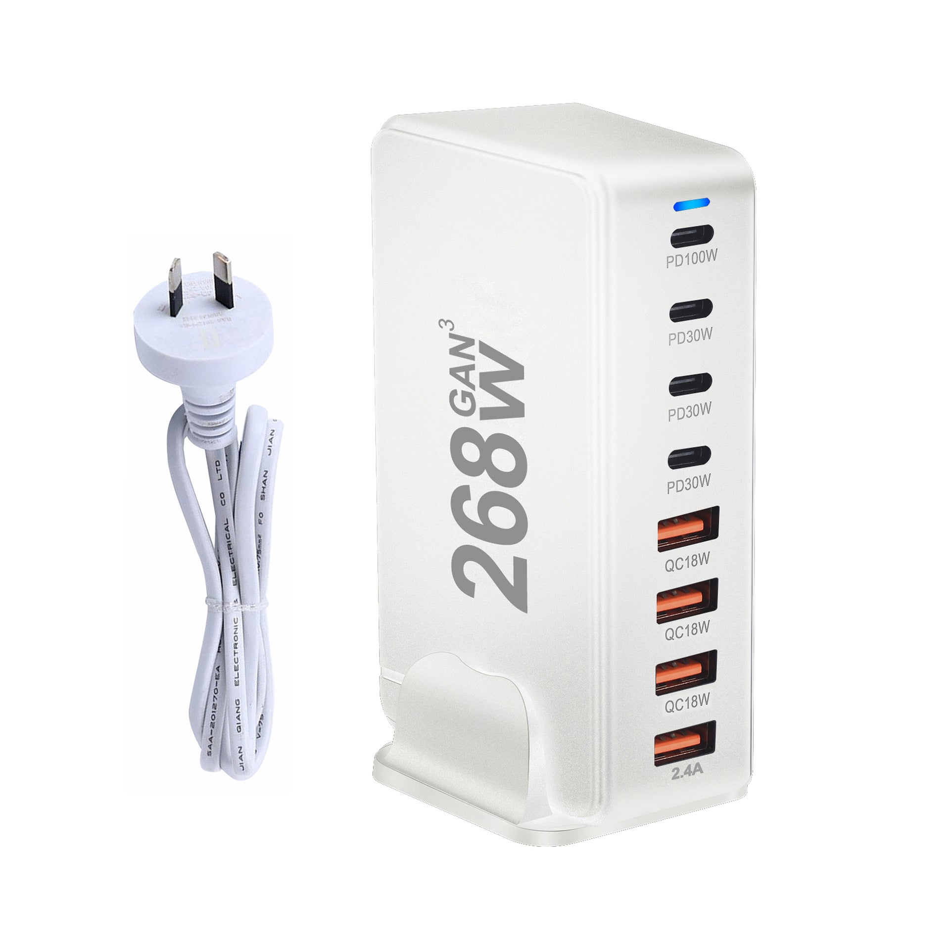 JMT-493450 240W Gallium Nitride Desktop PD Charger in White and Black for Multiple International Standards