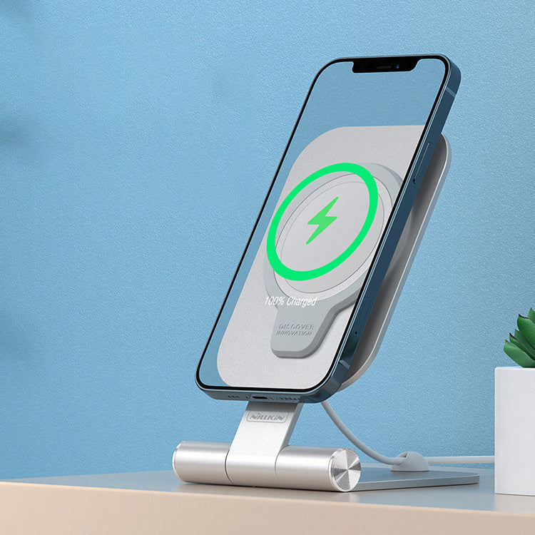 JMT-493770 Foldable Aluminium Alloy Phone Stand with Magnetic Wireless Fast Charging for iPhone 12 Mini/12 Pro Max