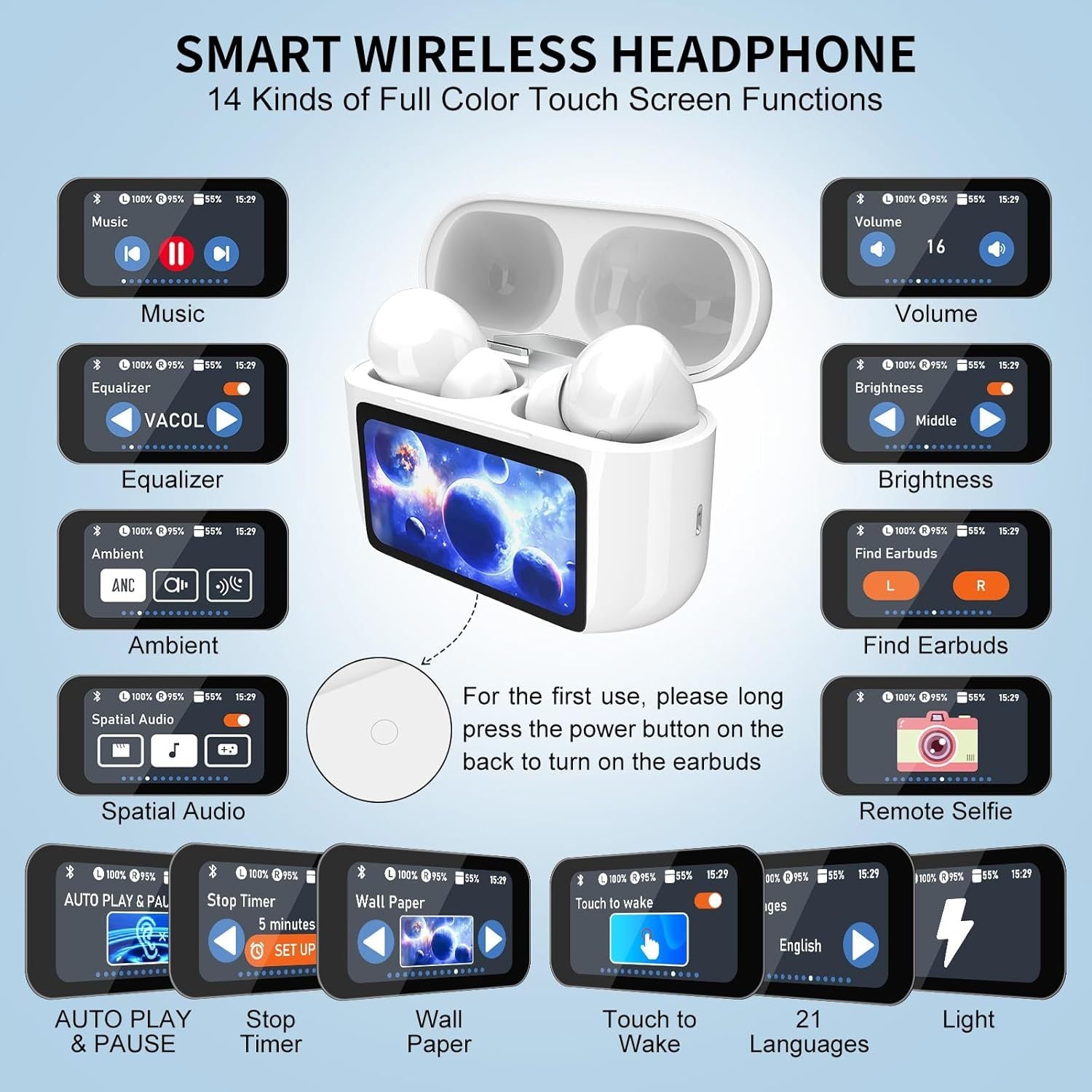 JMT-495562 Touchscreen Wireless Earbuds with Noise Cancelling, Bluetooth 5.4, Hi-Fi Sound, and Microphone for Android & iOS